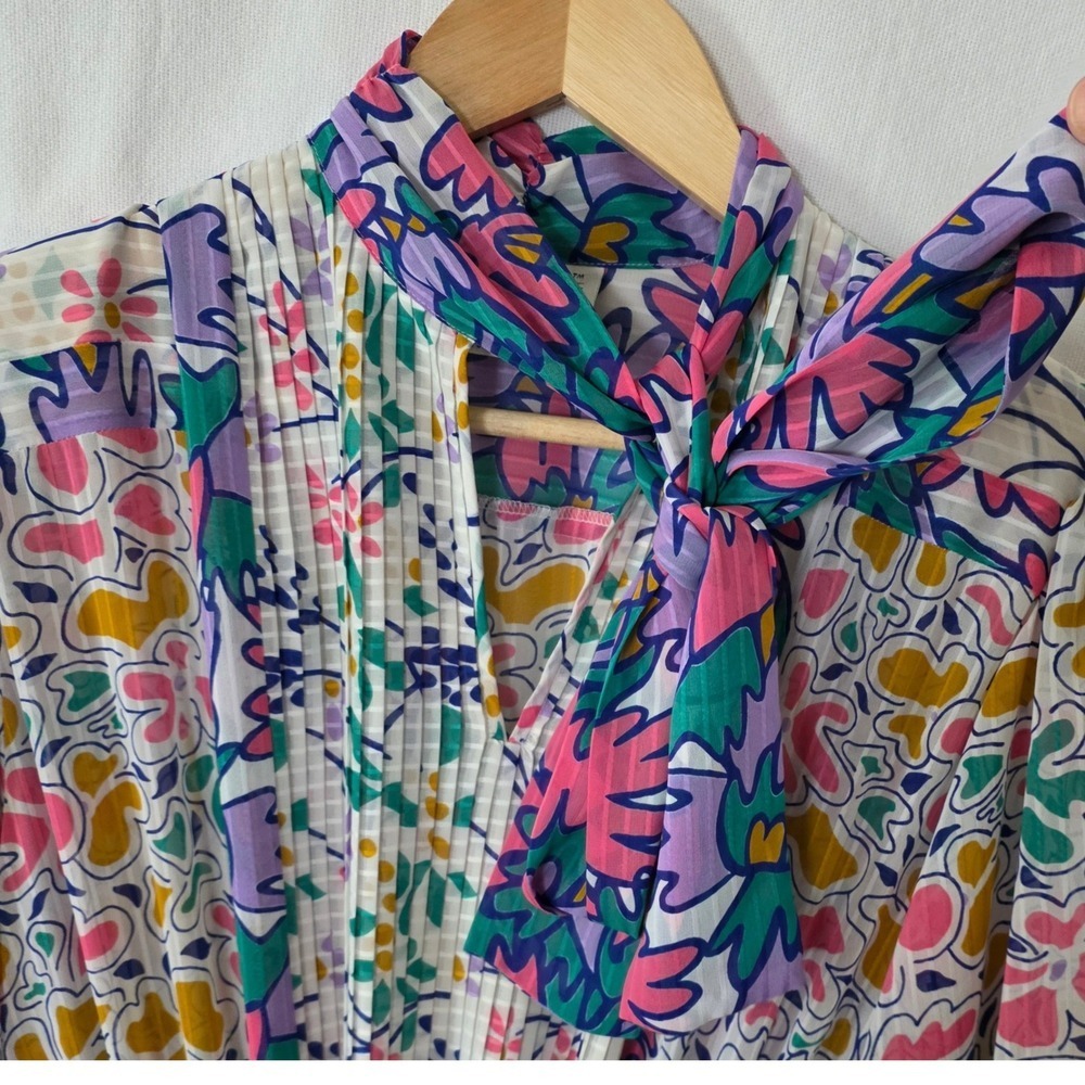 Vintage 80's Mosaic Floral Mixed Print Midi Dress Small Vivid Fun Pleated Sheer